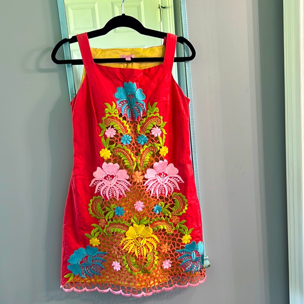 Lilly Pulitzer Shift Linen Dress floral embroidered size 4